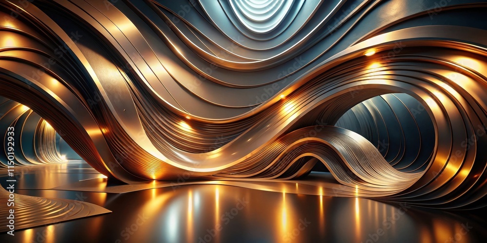Aufkleber abstract metallic wave structure with golden accents and reflective floor
