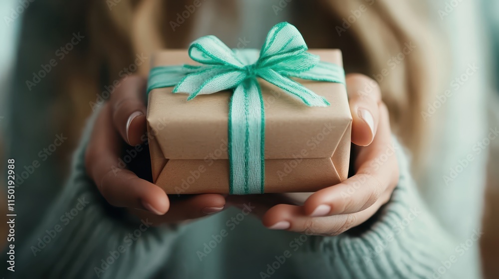 Wall mural A woman holds out a small, neatly wrapped gift box tied with a teal ribbon, set against a soft-focus background, representing thoughtfulness and generosity.