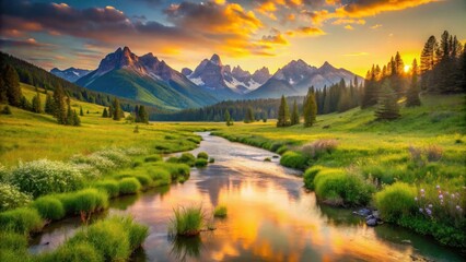 Serene Sunset Over a Mountain River Valley Landscape