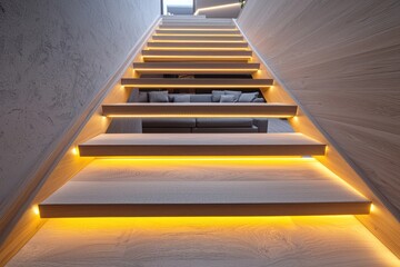 A sleek staircase with light wood and bright yellow LED strips glowing along the edges