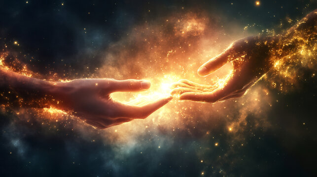 Two hands almost touching, exchanging bright energy in a cosmic, starry background, symbolizing connection, creation, or a spiritual encounter