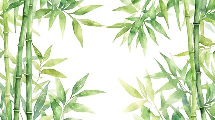 Fototapeta premium Watercolor Bamboo Frame Green Leaves Stalks Botanical Illustration