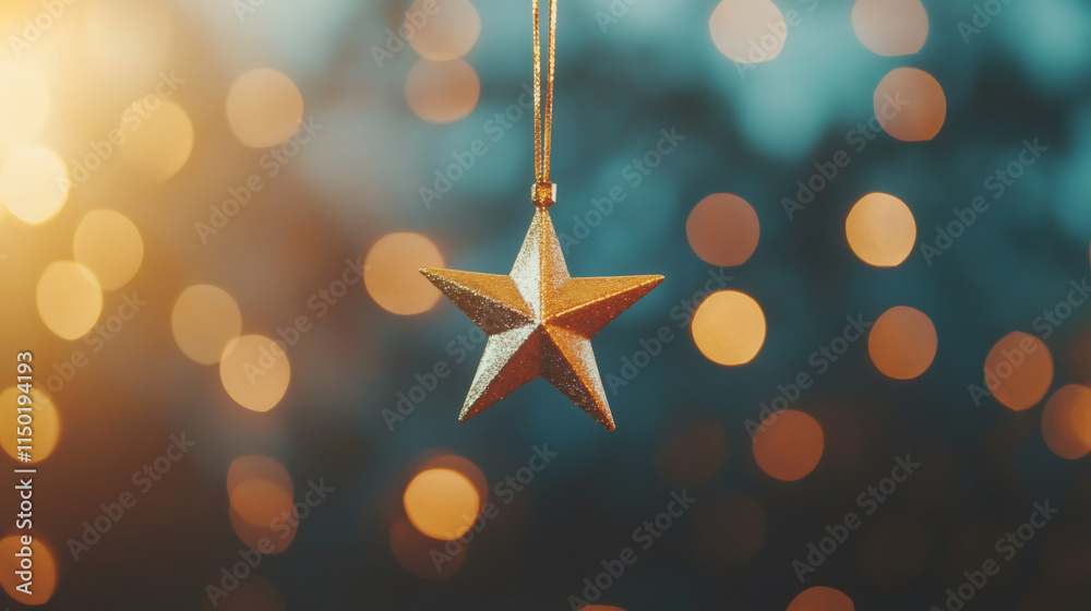 Aufkleber golden five-pointed star ornament hanging in front of festive lights, creating a cozy and enchanting