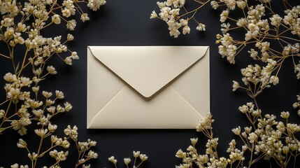 A blank wedding invitation card mockup rests gracefully amid delicate dried flowers. The sophisticated color palette creates a romantic atmosphere ideal for customization