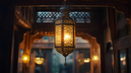 Traditional arabic architecture with glowing lantern creates a warm and spiritual atmosphere during ramadan in a building