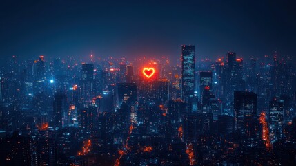 Obraz premium Night city skyline, glowing heart.