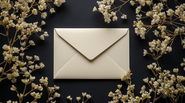 A blank wedding invitation card mockup rests gracefully amid delicate dried flowers. The sophisticated color palette creates a romantic atmosphere ideal for customization - Powered by Adobe