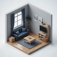 Modern Minimalist Living Room Isometric View Wooden Floor Blue Sofa