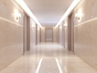 A modern, well-lit hallway featuring polished marble floors and elegant wall sconces, creating a serene and inviting atmosphere.