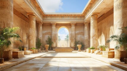 Obraz premium Sunlit ancient Egyptian courtyard with columns, plants, and stone architecture.