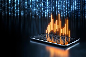 A graph of forex market trends rising sharply, displayed on a futuristic tablet with glowing currency symbols