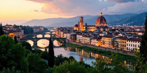 Obraz premium Panoramic view of Florence at twilight with golden light on Duomo and Arno River, lush greenery and cypress trees in the background, panorama, cypress