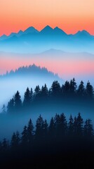 Obraz premium A serene landscape featuring misty mountains at sunrise, with dark silhouettes of trees in the foreground and soft pastel colors in the sky.