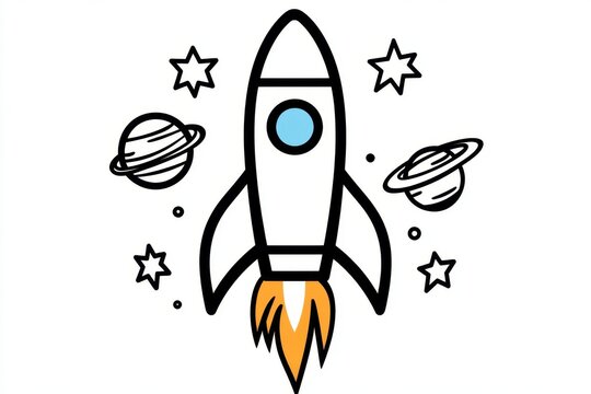 A graphic icon of a rocket launching, surrounded by minimalist star and planet motifs