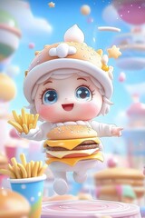 Adorable burger-baby character, floating amidst fries and sweets