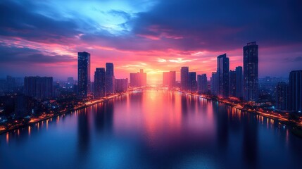 Fototapeta premium City skyline sunset, water reflection, vibrant colors.