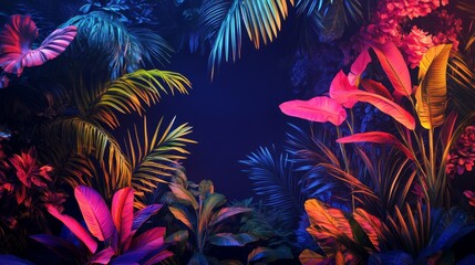 Creative layout installed with tropical colorful plants forest glow in the dark background