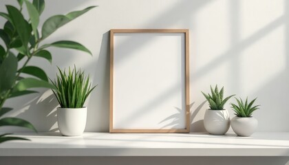 Mockup with Branding Elements. Empty wooden frame on a shelf with potted plants in a bright room with natural light and copy space