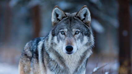 Naklejka premium A close-up of a wolf’s face, featuring its piercing icy blue eyes and thick gray fur, exuding mystery and intensity.