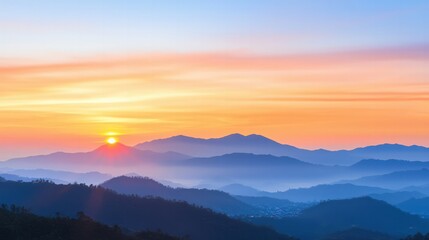 Fototapeta premium Sunrise Over Mountain Ranges Scenic Landscape Photography Serene Environment Wide Angle Tranquility