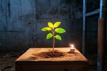 A haunting depiction of a genetically modified plant glowing eerily in a shadowy lab, surrounded by ancient-looking equipment and faint candlelight