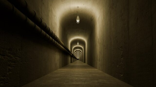 4K Long tunnel in an underground bunker. An endless old corridor with pipes is illuminated by lamps. 3D animation of a flight through a dark underground tunnel. Looping animation.