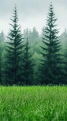Lush green grass stretches beneath tall, dark green conifer trees, set against a misty backdrop of an overcast sky.