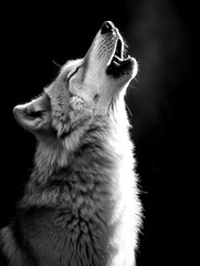 A lone wolf howls into the night, highlighted by dramatic lighting, with its breath visible in a cold atmosphere.