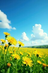 Fototapeta premium Field of Yellow Dandelions Under a Bright Blue Sky, landscape, countryside