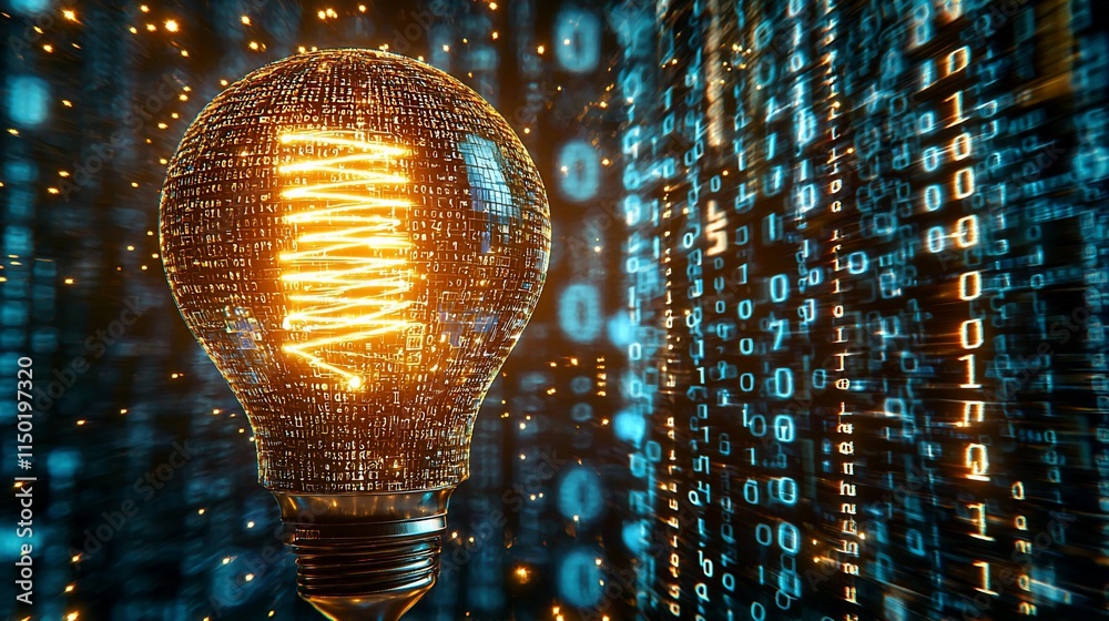Poster digital code illuminates a glowing lightbulb