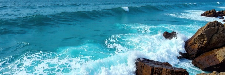 Deep blue ocean waves breaking on rocky coastline, ocean, natural