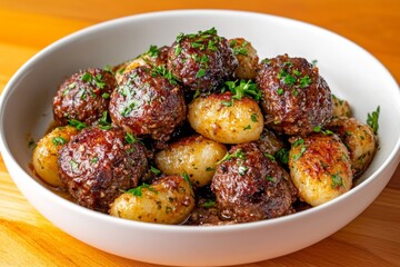 A homely bowl of gnocchi with marinara sauce and meatballs, served with a sprinkle of fresh parsley