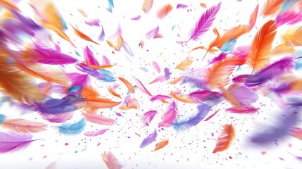 Fototapeta premium Colorful feathers swirling in a vibrant, abstract pattern against a light background.