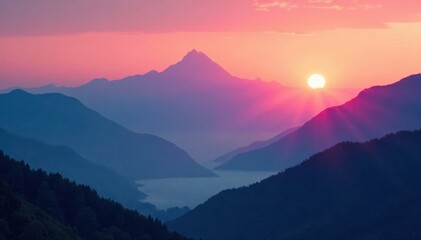 Fototapeta premium Gradient sunset behind a misty mountain range, sky, ombre