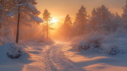 Sunlit snowy path through winter forest at sunset.