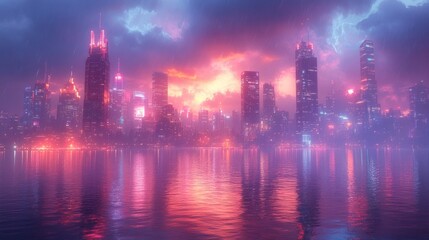 Obraz premium Rainy neon city skyline reflecting in water.