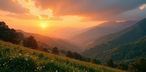Obraz premium Golden sunrise over a serene landscape with rolling hills and misty mountains , mystical, peaceful