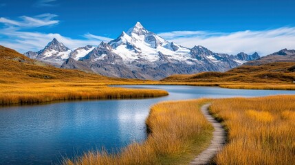 Fototapeta premium Wide Angle Scenic Beauty Majestic Mountains and Serene River Views