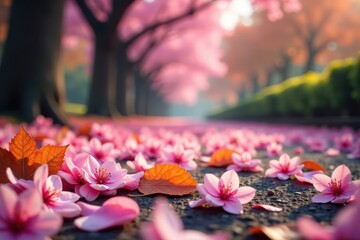 Delicate pink sakura petals scatter on the ground amidst autumn leaves and trees, leaf litter, autumn foliage