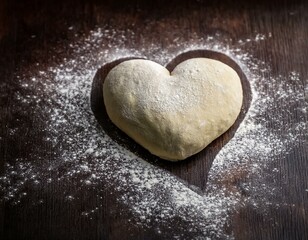 Obraz premium Generated image A raw, uncooked heart-shaped dough sits amidst a dusting of flour on a dark, rustic kitchen