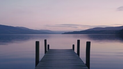 Fototapeta premium Elegant Minimalist Wooden Dock at Dawn, Calm Lake Reflecting Soft Pastel Blue and Purple Sky, Serene Nature Landscape