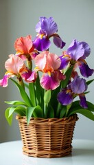 Naklejka premium Colorful bearded iris flowers arranged in a wicker basket, rustic, bearded iris