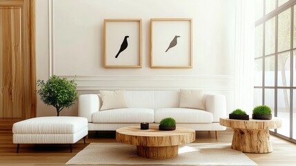 White sofa next to window. Scandinavian style interior design of modern living room. Natural Wooden coffee table. Wall with abstract frame. 