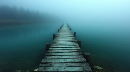 Obraz premium A foggy wooden pier extends into a serene, misty lake, creating a tranquil atmosphere.