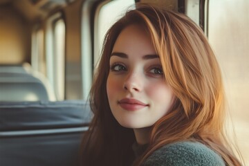 Obraz premium A young woman with long, wavy red hair sits by a train window, smiling softly. The interior of the train is softly lit, creating a warm atmosphere.