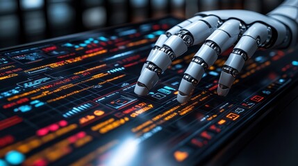 Robotic hand interacting with digital interface.