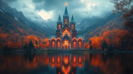 Autumnal church reflects in still lake, mountains loom.