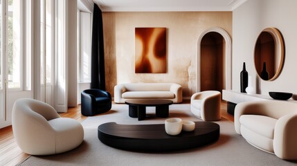 Minimalist interior design of modern living room. Black  wooden coffee table next to beige sofa in room with stucco wall. Wall with accent abstract art. 