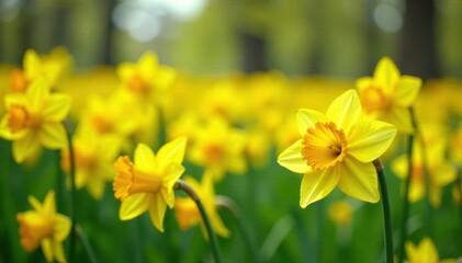 Fototapeta premium Field of bright yellow daffodil flowers swaying gently in the breeze, countryside, farm
