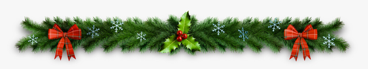 Long Christmas garland with decorative bows, snowflakes and holly berries. 3D render. © Svetlana Parshakova